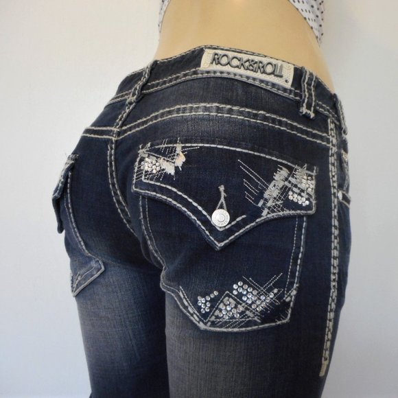 New Rock & Roll Cowgirl Jeans Size 29 Dark Blue Low Rise Boot Cut Denim - Picture 1 of 13